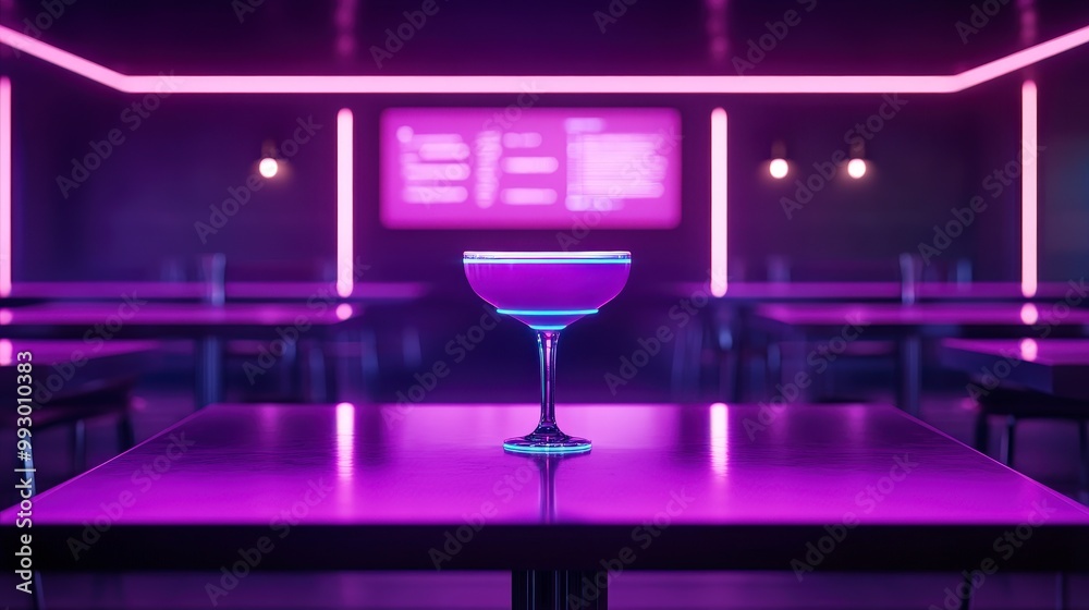 Futuristic bar scene with neon lights and a cocktail glass on table