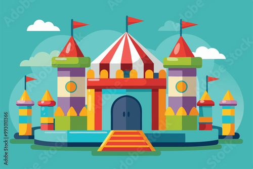 This illustration features a vibrant bouncy castle with colorful flags and playful towers, perfect for kids, Customizable semi-flat illustration of a bouncy castle.