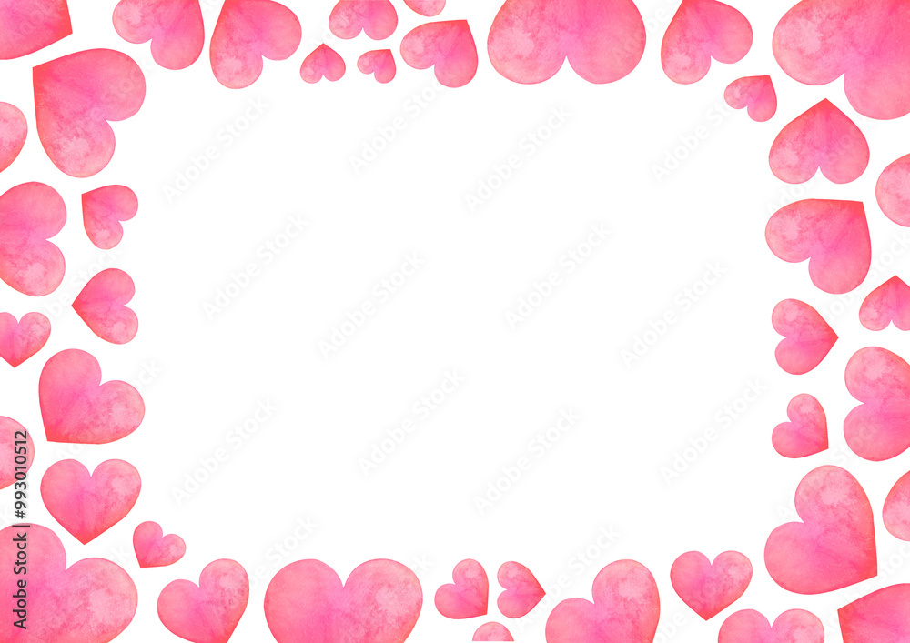 Pink watercolor romantic frame template with hearts, white copy space background. romantic template for Valentine's Day greeting card, mock up, wedding invitation. Love, honeymoon, 14 February concept