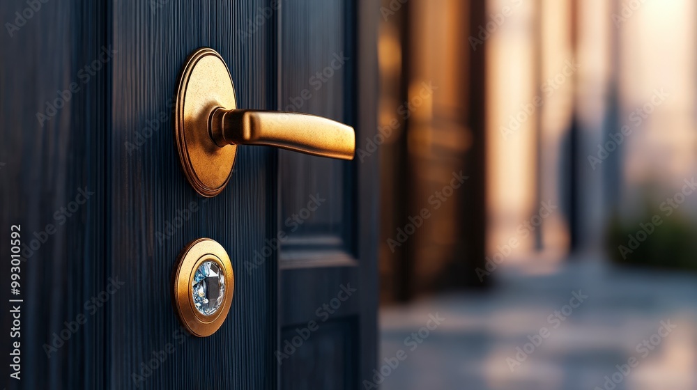 Elegant gold door handle and keyhole on wooden door