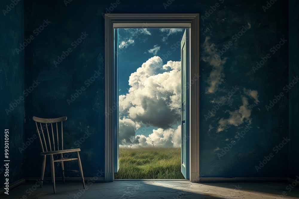 © MAX AI - Wooden chair in dark room with open door to cloudy sky and grassy field. © MAX AI - Wooden chair in dark room with open door to cloudy sky and grassy field.