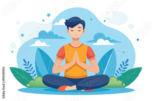 A person practices mindful breathing while sitting cross-legged in a tranquil outdoor setting surrounded by greenery, Customizable semi-flat illustration of a breathing exercise