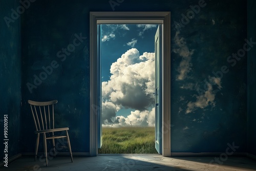 Wooden chair in dark room with open door to cloudy sky and grassy field.