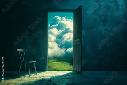 Open door with view of clouds and grass in dark room with wooden chair.