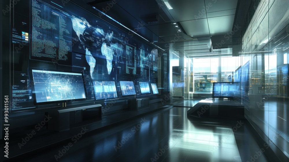 Futuristic control room with digital displays and global maps for monitoring.