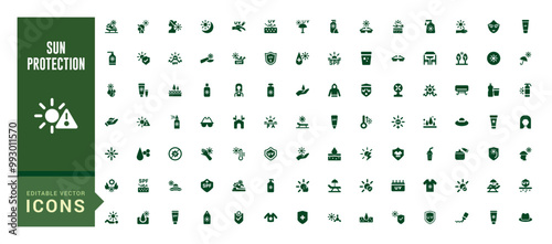 Sun protection icon set. Sunscreen, sun block, beach umbrella and more solid icons. Filled icon set. Glyph icon set for web and ui. Vector illustration.