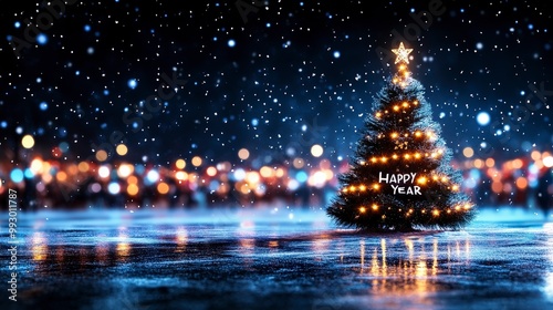 Illuminated christmas tree on snowy night with festive bokeh lights photo
