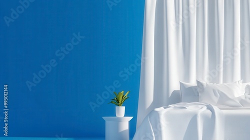 Minimalistic bedroom with white decor and blue wall for tranquility