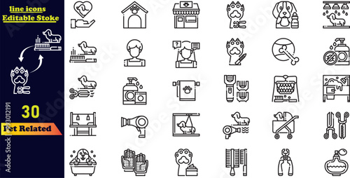 Simple set of pet service-related stroke line icons, including icons such as emotional support dog, restriction sign, pet transportation pictogram, and more. Editable stroke collection.