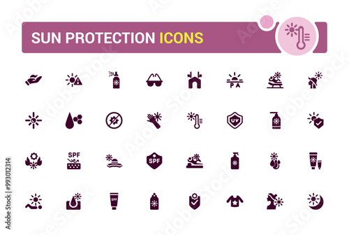 Sun protection icon set. Sunscreen, sun block, beach umbrella and more solid icons. Filled icon set. Glyph icon set for web and ui. Vector illustration.