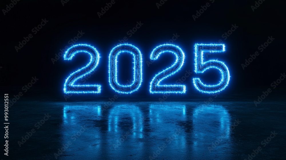 Futuristic glowing numbers on a dark reflective surface for the year 2025 Futuristic glowing numbers on a dark reflective surface for the year 2025