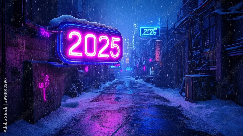 Futuristic snowy city street with neon lights in the night Futuristic snowy city street with neon lights in the night