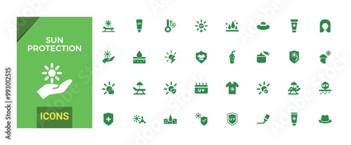 Sun protection icon set. Sunscreen, sun block, beach umbrella and more solid icons. Filled icon set. Glyph icon set for web and ui. Vector illustration.