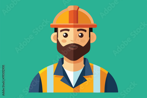 A construction worker is depicted wearing a hard hat and safety vest, ready for a building project, Customizable semi flat illustration of a construction truck.