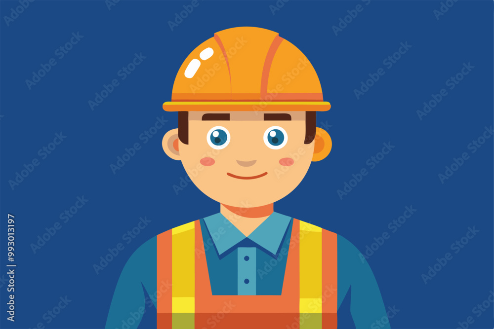 A construction worker in a hard hat and safety vest smiles confidently against a simple background, Customizable semi flat illustration of a construction truck. A construction worker in a hard hat and safety vest smiles confidently against a simple background, Customizable semi flat illustration of a construction truck.