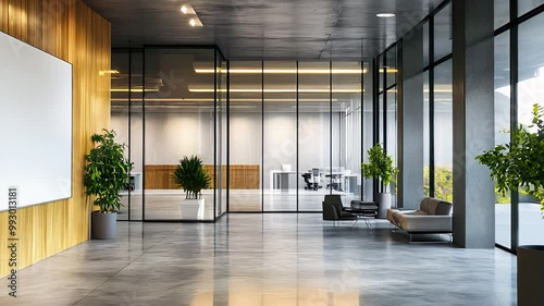 Modern office lobby with glass walls, natural light, minimalist furniture, and green plants, creating a stylish corporate environment.