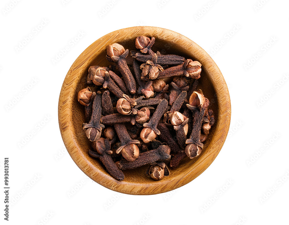 Dried cloves in wooden bowl on transparent background PNG. Syzygium aromaticum, used as spice, in beverages or herbal medicine Dried cloves in wooden bowl on transparent background PNG. Syzygium aromaticum, used as spice, in beverages or herbal medicine