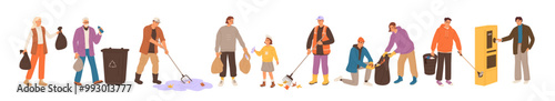 Row of eco friendly people care about ecology, sorting rubbish. Different men, women cleaning environment: gather garbage, picking litter, trash with tool. Flat isolated vector illustrations on white
