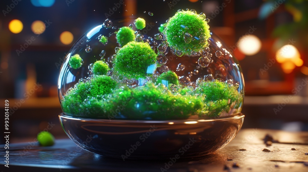 Vibrant green moss in a glass terrarium with soft lighting Vibrant green moss in a glass terrarium with soft lighting