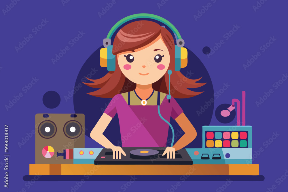 A DJ girl with headphones joyfully mixes music at her vibrant studio filled with equipment, Customizable semi flat illustration of a DJ girl A DJ girl with headphones joyfully mixes music at her vibrant studio filled with equipment, Customizable semi flat illustration of a DJ girl