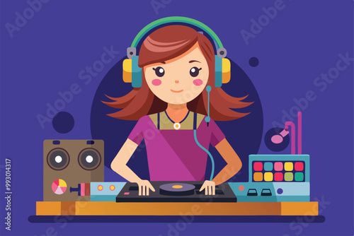 A DJ girl with headphones joyfully mixes music at her vibrant studio filled with equipment, Customizable semi flat illustration of a DJ girl