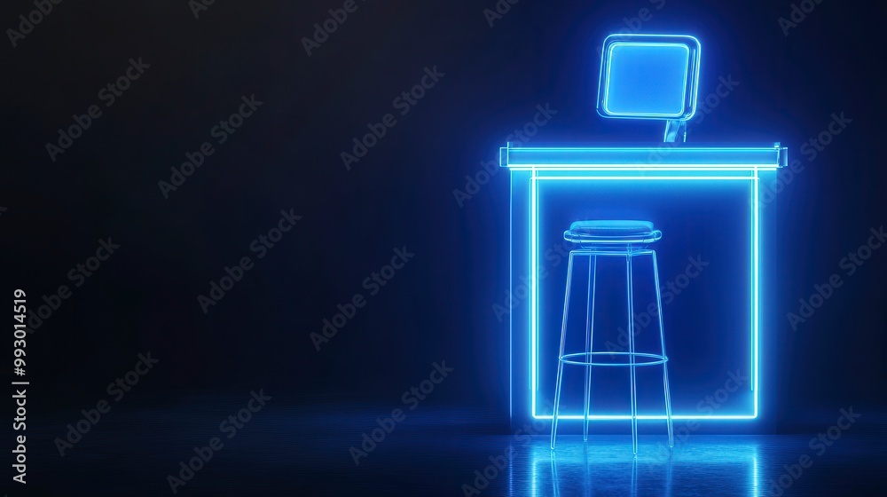 Neon blue futuristic bar stool and counter in a dark room Neon blue futuristic bar stool and counter in a dark room