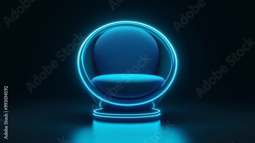 Futuristic glowing chair design with neon blue accents in dark room