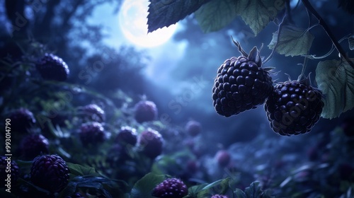 Blackberries in a Moonlit Forest Setting