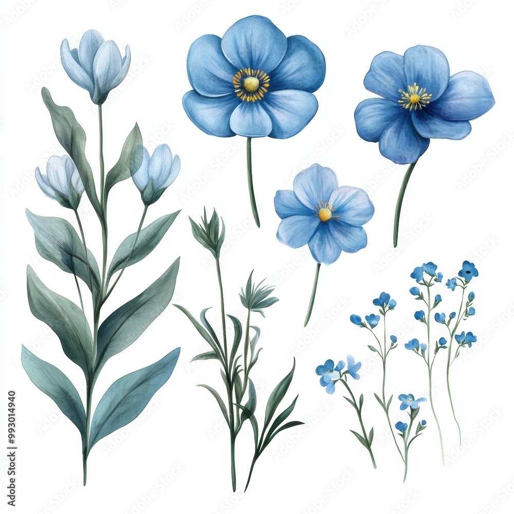 Blue Watercolor Flowers. Blue Watercolor Flowers.