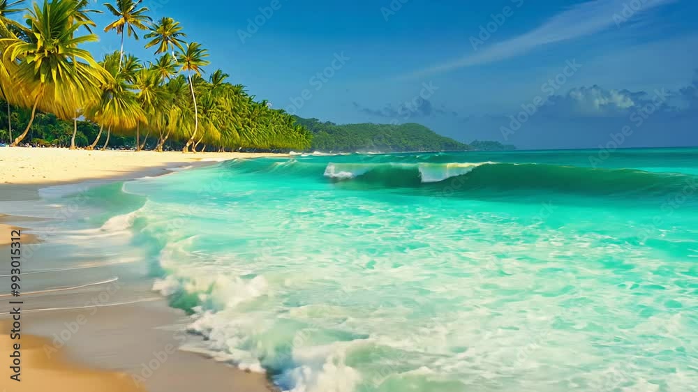 Tropical Beach with Palm Trees and Turquoise Water on a Sunny Day Tropical Beach with Palm Trees and Turquoise Water on a Sunny Day