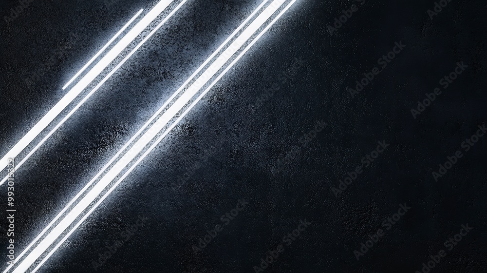 Fototapeta premium Diagonal neon lights on textured dark wall background, abstract simplicity