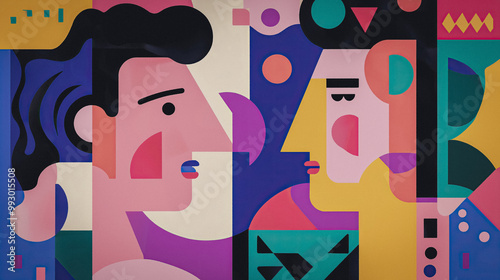 Colorful abstract faces in a vibrant conversation, abstract dynamic modern style artwork, AI generated