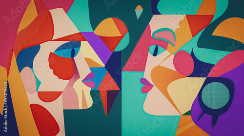 Colorful abstract faces in a vibrant conversation, abstract dynamic modern style artwork, AI generated