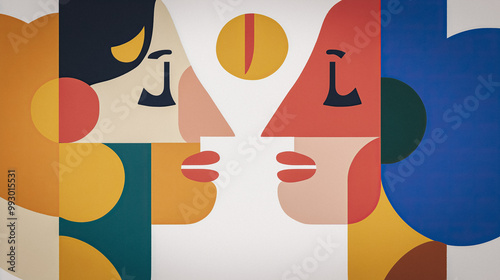 Colorful abstract faces in a vibrant conversation, abstract dynamic modern style artwork, AI generated