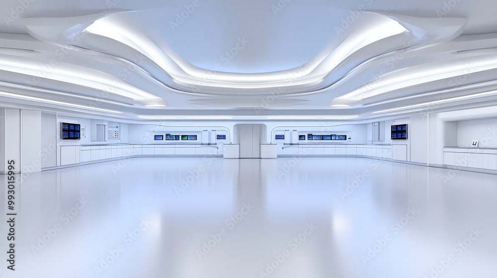 Futuristic white room with sleek design and digital displays on walls Futuristic white room with sleek design and digital displays on walls