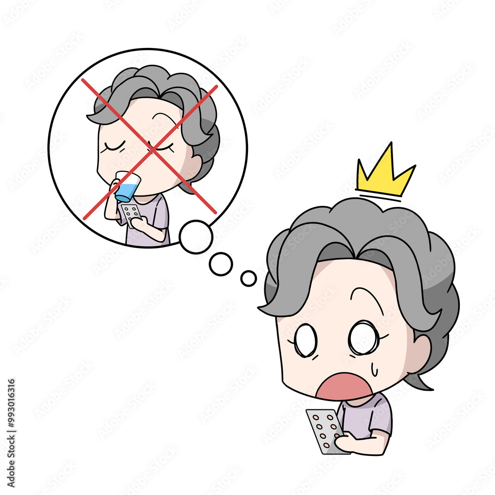 Obraz premium 薬を飲み忘れた高齢女性のイラスト