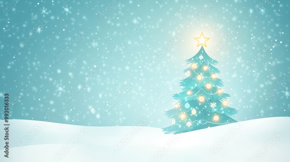 Simple Christmas tree in a snowy landscape with snowflakes falling, glowing star on top. Peaceful winter holiday or festive greeting card concept. Simple Christmas tree in a snowy landscape with snowflakes falling, glowing star on top. Peaceful winter holiday or festive greeting card concept.