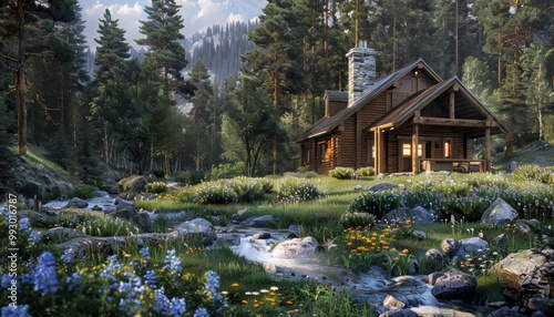 Cozy log cabin by misty stream in peaceful forest