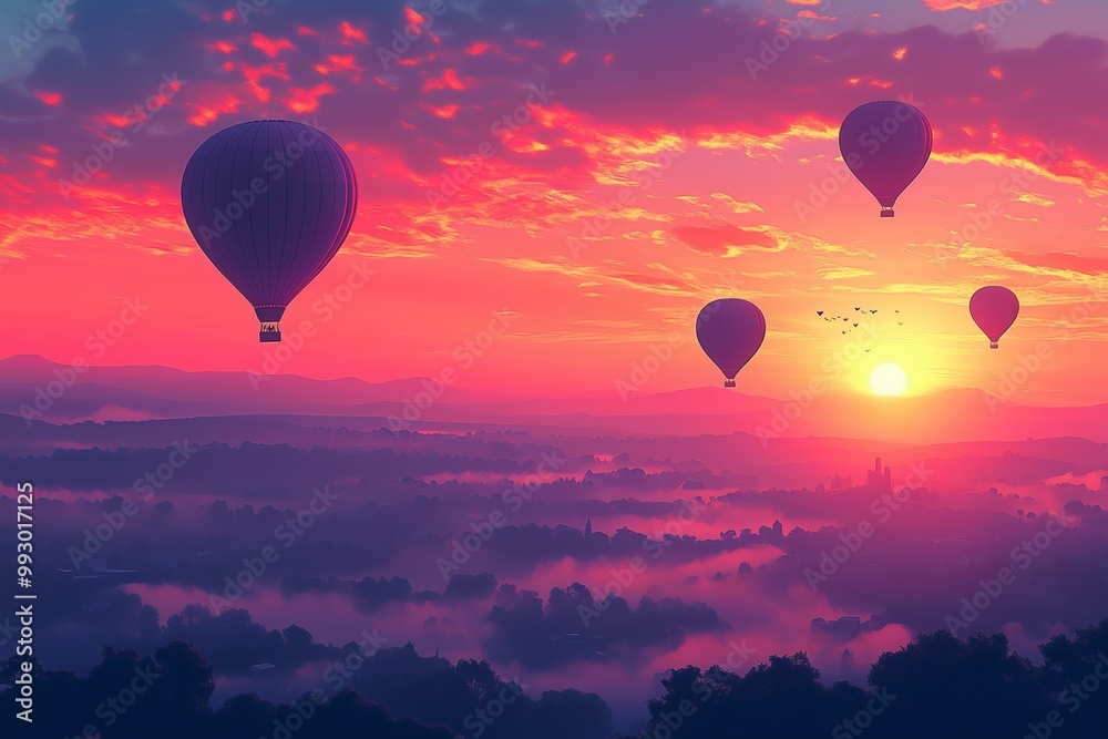 Hot air balloons in sky with beautiful landscape