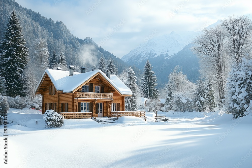 Wooden house chalet in winter Alps Wooden house chalet in winter Alps