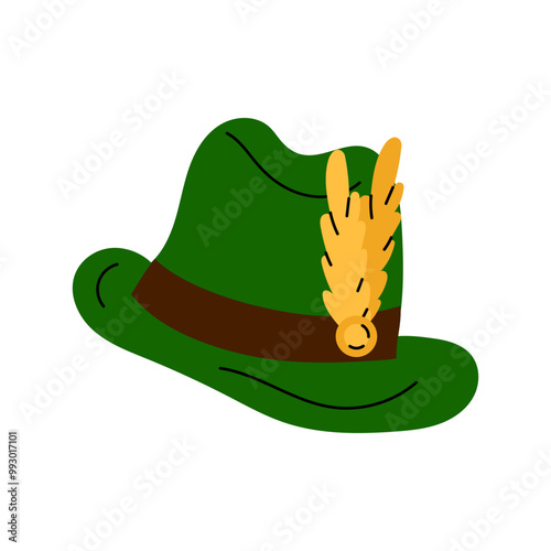 Traditional Tyrolean hat illustration. Headdress made of felt decorated with feathers. Green oktoberfest hat with feather. Isolated on a white background.