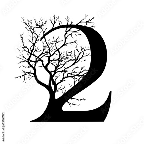 Number two with tree branch design, Artistic illustration of the number two, combined with tree branches, symbolizing growth, nature, and creative design elements.
