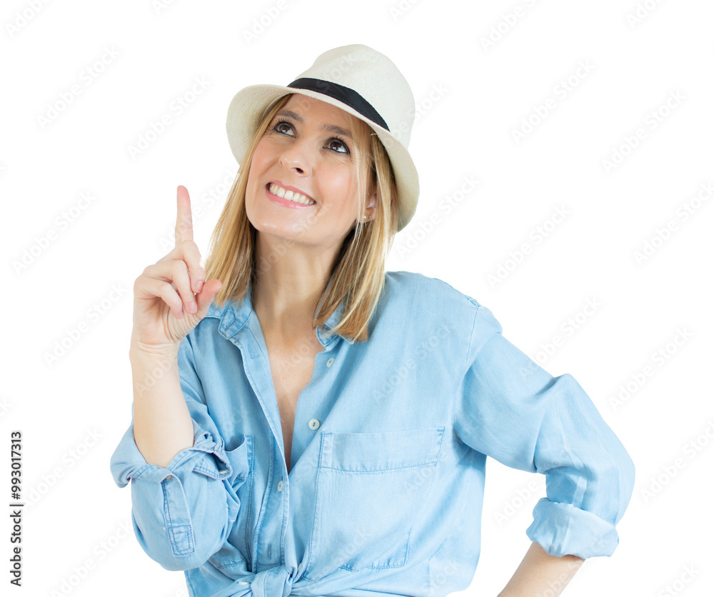 Portrait of a happy young woman dressed in denim shirt pointing finger up at copy space isolated over transparent background Portrait of a happy young woman dressed in denim shirt pointing finger up at copy space isolated over transparent background