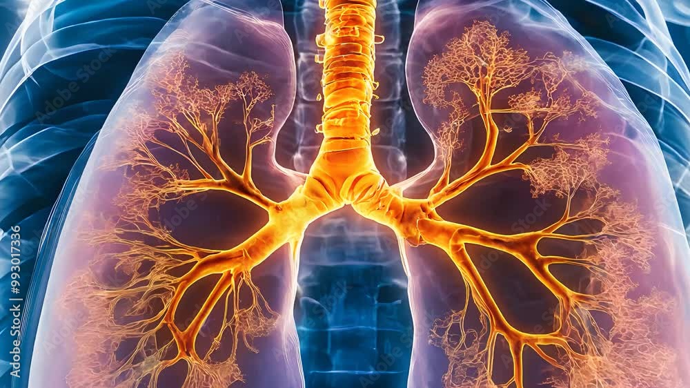 Detailed 3D medical illustration of human lungs with glowing respiratory pathways, showcasing bronchial anatomy and health.