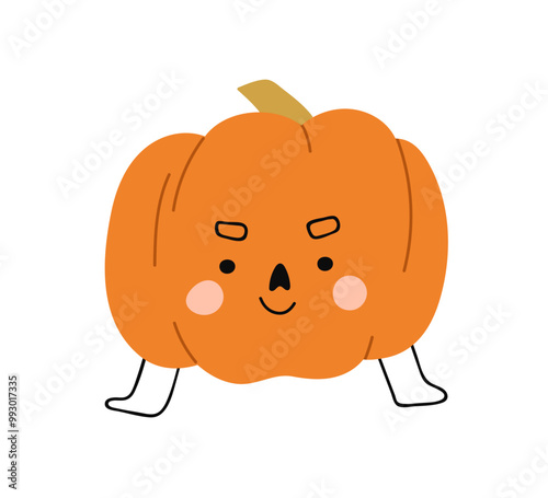 Cute funny pumpkin, happy smiling face, Halloween Jack. Orange character stan...