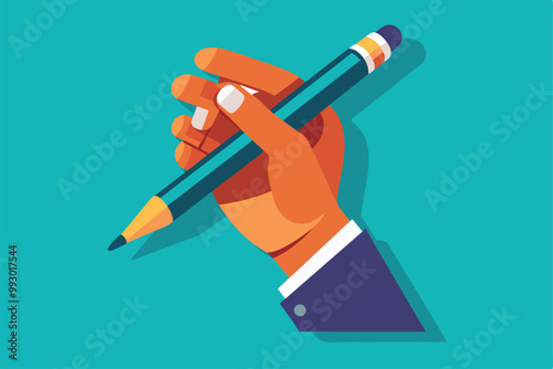 A hand is shown firmly holding a pencil, showcasing vibrant colors and a sleek design, ready for creative work, Customizable flat illustration of a raised hand.