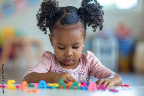 Child Sitting Table. Portrait of Cute Little African American Girl Playing with Letters at Home