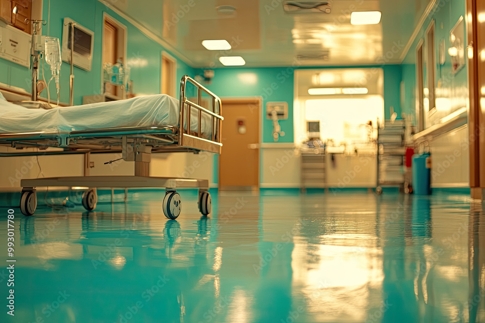 Close-up photo of an empty hospital floor, with a hospital bed in the background. The color scheme is teal and orange. Created with Ai