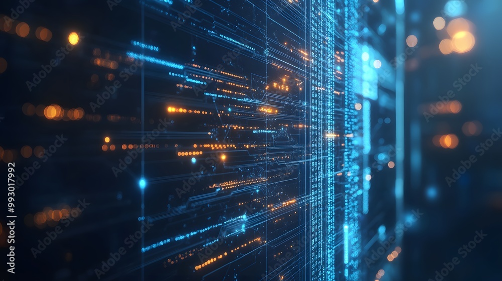 Abstract digital network with glowing blue and orange lines and dots
