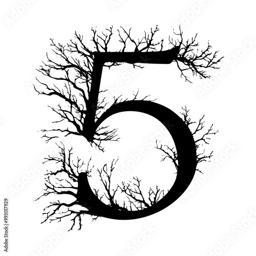 Number five with tree branch design, Artistic illustration of the number five, adorned with tree branches, symbolizing nature, growth, and organic design elements.
